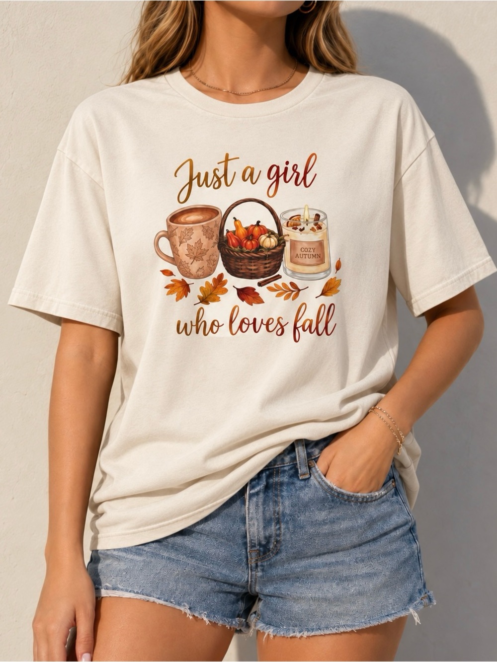 Beige Just A Girl Who Loves Fall Pumpkin Coffee Womens Graphic Reprint Tee